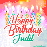 Bright birthday candles with rainbow flames on a cake, alongside the text 'Happy Birthday Judit' in vibrant script in this celebratory animated GIF.