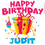 A vibrant and funny gift box character with a happy face dancing with a cupcake and the text 'Happy Birthday Judit,' surrounded by animated confetti and party vibes.