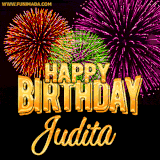 A golden 'Happy Birthday Judita' message with vibrant fireworks in the background, creating a festive and celebratory vibe in this animated name GIF.
