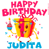 A vibrant and funny gift box character with a happy face dancing with a cupcake and the text 'Happy Birthday Judita,' surrounded by animated confetti and party vibes.