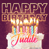 A colorful birthday cake topped with lit candles, with the words 'Happy Birthday Judite' in bold glowing letters on a burgundy background. Animated flames add a festive touch.