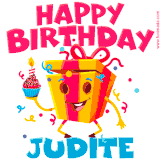 A vibrant and funny gift box character with a happy face dancing with a cupcake and the text 'Happy Birthday Judite,' surrounded by animated confetti and party vibes.