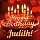 Beautifully decorated red velvet berry birthday cake with vibrant fruits and a glowing 'Judith' name, adding a touch of sweetness and sparkle.