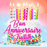 A white birthday cake covered in colorful sprinkles, topped with bright candles, and French text 'Bon Anniversaire Judith' on a pastel gradient background in an animated GIF.