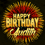 Golden 'Happy Birthday Judith' text accompanied by animated rainbow fireworks for a festive animated greeting.