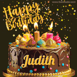 A delightful chocolate birthday cake with bright candles and 'Happy Birthday Judith' written in gold amidst a shower of animated stars.