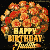 Animated bouquet of orange roses with moving butterfles and golden 'Happy Birthday Judith' text, surrounded by sparkling accents and a dark backdrop for a luxurious feel.