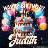 Bright birthday animation for Judith with a chocolate cake, candles, balloons, and glowing celebratory lights.