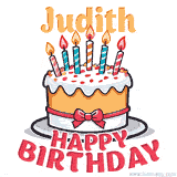 Cartoon birthday cake with a red bow, glowing candles, and 'Judith Happy Birthday' text in bold animated style.