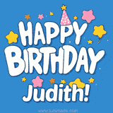 Colorful animated birthday card with the text 'HAPPY BIRTHDAY Judith!' in a white playful font surrounded by stars, hearts, and a party hat on a blue background.