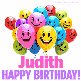 Animated colorful and joyful birthday balloons with cheerful smiles and a bright 'Happy Birthday Judith!' message in pink and purple.