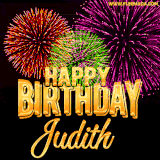 A golden 'Happy Birthday Judith' message with vibrant fireworks in the background, creating a festive and celebratory vibe in this animated name GIF.