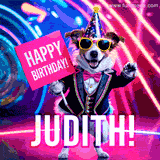 Animated GIF of a cool dog wearing a suit and sunglasses, holding a 'Happy Birthday' sign for Judith, set against a bright and colorful neon party background.