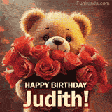 Cinematic style cute animated teddy bear with charming features holding a large bouquet of red roses, the words say 'Happy Birthday Judith' in sans serif font.