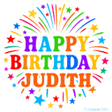 Happy Birthday Judith' GIF with rainbow-colored letters, colorful stars, and fireworks on white background.