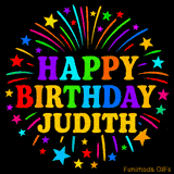Personalized greeting card with name, colorful text that says 'Happy Birthday Judith' surrounded by animated fireworks and multicolor stars