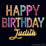 Vibrant luxury birthday greeting card for Judith, showing glittering gemstone letters and golden calligraphy on a dark background with twinkling shine effects.