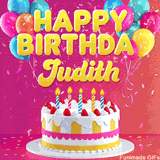Pink-themed animated greeting with balloons, confetti, and a frosted cake under the message 'Happy Birthday Judith' in bold rounded yellow font.