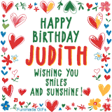 A colorful animated card for Judith’s birthday featuring playful hearts, cheerful flowers, and a handwritten message wishing smiles and sunshine.