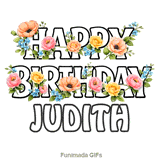 Animated pink and yellow flowers gently moving around the Happy Birthday Judith text