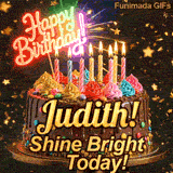 Shimmering animated card featuring a detailed chocolate cake and the name Judith for her birthday celebration.