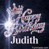 A personalized greeting card for Judith featuring a silver queen crown decorated with multicolored crystals.