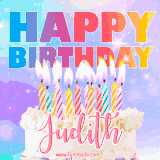 A vibrant animated name GIF with the words 'Happy Birthday Judith' with colorful candles on a creamy cake. The background sparkles with pastel shades, adding a festive touch.