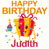 A vibrant and funny gift box character with a happy face dancing with a cupcake and the text 'Happy Birthday Judith,' surrounded by animated confetti and party vibes.