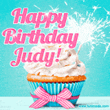 A festive cupcake with pink icing, a gingham bow, and a lit animated sparkler, paired with 'Happy Birthday Judy!' in bright pink text.