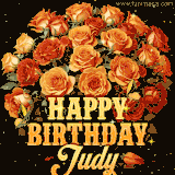 Animated bouquet of orange roses with moving butterfles and golden 'Happy Birthday Judy' text, surrounded by sparkling accents and a dark backdrop for a luxurious feel.