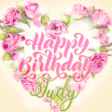 A stunning heart made of pink roses surrounds the elegant script text 'Happy Birthday Judy' on a soft beige background. Animated sparkles add a magical and festive feel.