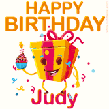 A vibrant and funny gift box character with a happy face dancing with a cupcake and the text 'Happy Birthday Judy,' surrounded by animated confetti and party vibes.