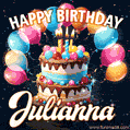 Hand-drawn happy birthday cake adorned with an arch of colorful balloons - name GIF for Julianna