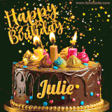 A delightful chocolate birthday cake with bright candles and 'Happy Birthday Julie' written in gold amidst a shower of animated stars.