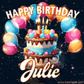 Hand-drawn happy birthday cake adorned with an arch of colorful balloons - name GIF for Julie