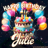 Bright birthday animation for Julie with a chocolate cake, candles, balloons, and glowing celebratory lights.