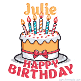 Cartoon birthday cake with a red bow, glowing candles, and 'Julie Happy Birthday' text in bold animated style.
