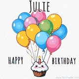 An adorable and cute cupcake with a smiley face and moving colorful balloons create a joyful birthday greeting for Julie in this cheerful animated greeting E-card.