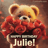 Cinematic style cute animated teddy bear with charming features holding a large bouquet of red roses, the words say 'Happy Birthday Julie' in sans serif font.