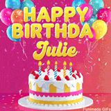 Pink-themed animated greeting with balloons, confetti, and a frosted cake under the message 'Happy Birthday Julie' in bold rounded yellow font.