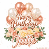 Beautiful pink and peach roses with gently moving Happy Birthday Julie text