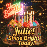 Custom birthday ecard for Julie showing a gourmet chocolate cake on a dark background with golden star sparkles.