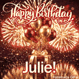 Custom ecard for Julies birthday featuring shiny metallic balloons and exploding firework rockets in the night sky.