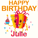 A vibrant and funny gift box character with a happy face dancing with a cupcake and the text 'Happy Birthday Julie,' surrounded by animated confetti and party vibes.