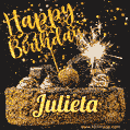 Celebrate Julieta's birthday with a GIF featuring chocolate cake, a lit sparkler, and golden stars