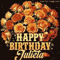 Beautiful bouquet of orange and red roses for Julieta, golden inscription and twinkling stars