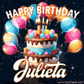 Hand-drawn happy birthday cake adorned with an arch of colorful balloons - name GIF for Julieta