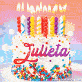 Personalized for Julieta elegant birthday cake adorned with rainbow sprinkles, colorful candles and glitter