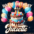 Hand-drawn happy birthday cake adorned with an arch of colorful balloons - name GIF for Juliette