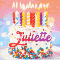 Personalized for Juliette elegant birthday cake adorned with rainbow sprinkles, colorful candles and glitter
